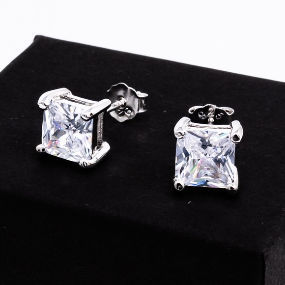 925 Silver Square Cut CZ Diamond Earrings - Picture 3 of 7
